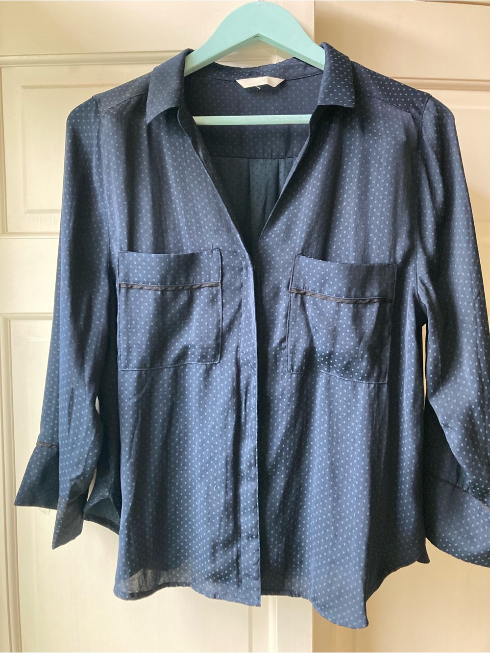 Women's Navy Dot Hidden Button Shirt